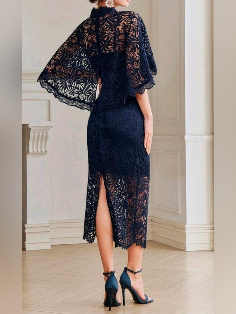 New Luxe Embroidered Sheer Lace Shawl Top Cami Lace Midi Dress Navy Blue
